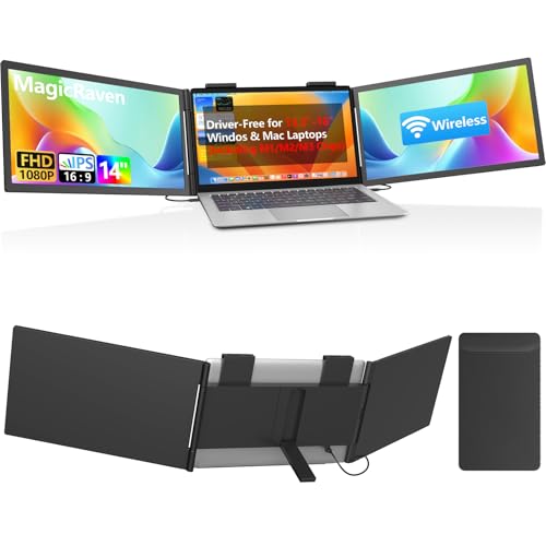 Dual Laptop Screen Extender, 14" 1080P Ips Wireless & Wired Portable Triple Monitor, Hybrid Connection (1 Cable + Wireless) For 13.3-16.1" Laptops, Support Macbook M1-M5 Series& Windows(No Speakers)