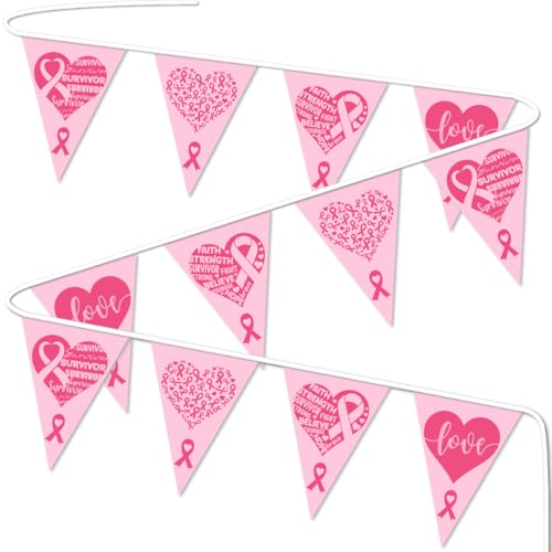 Pink Ribbon Pennant Banner for Breast Cancer Awareness Party Decorations, Pink Ribbon Banner for Breast Cancer Prevention Month, Fabric Hanging Banner for Breast Cancer Awareness Scene