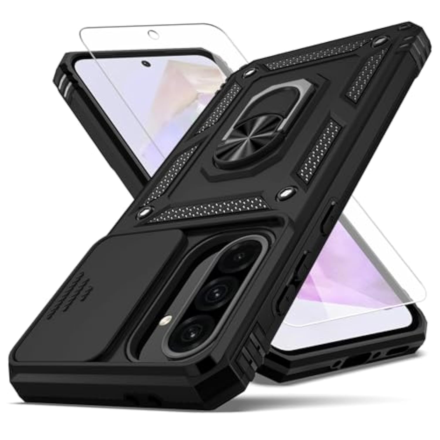 For Galaxy A36 5G Phone Case,With Camera Lens Cover Hd Screen Protector,[Military Grade] Ring Car Mount Kickstand Hybrid Hard Pc Soft Tpu Shockproof Protective Case For Samsung A36 5G, Black