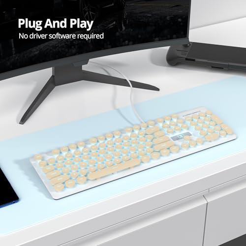 Typewriter Keyboard 104-Key Punk Gaming Retro Keyboard Led Ice Blue Backlit Cute Keyboard With Wired Usb Suitable For Pc/Win/Mac/Laptop Computer Keyboard (Khaki)