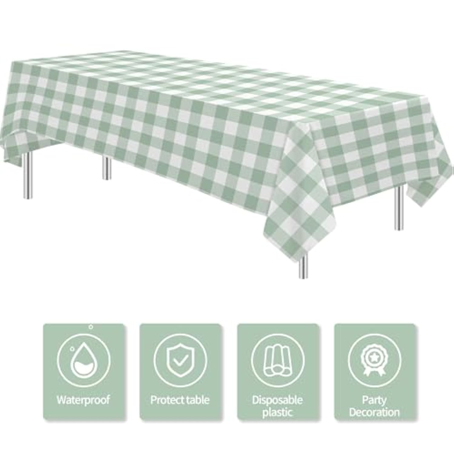 Sage Green Gingham Party Tablecloth Decorations, 3 Pack Green Checkered Disposable Plaid Party Supplies Tablecover, For Birthday Baby Shower Bridal Wedding, 55In X 86In
