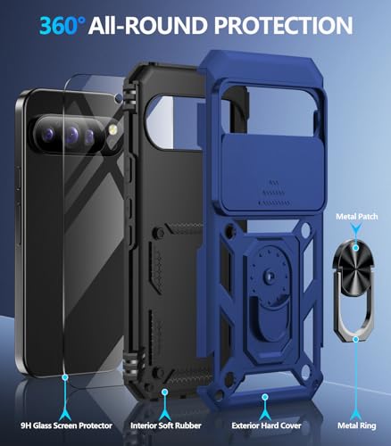 For Google Pixel 10 Case/Pixel 10 Pro Case With Screen Protector & Slide Camera Lens Cover,Built-In Ring Stand Protective Phone Case For Pixel 10 Case/Google Pixel 10 Pro Case (Blue)
