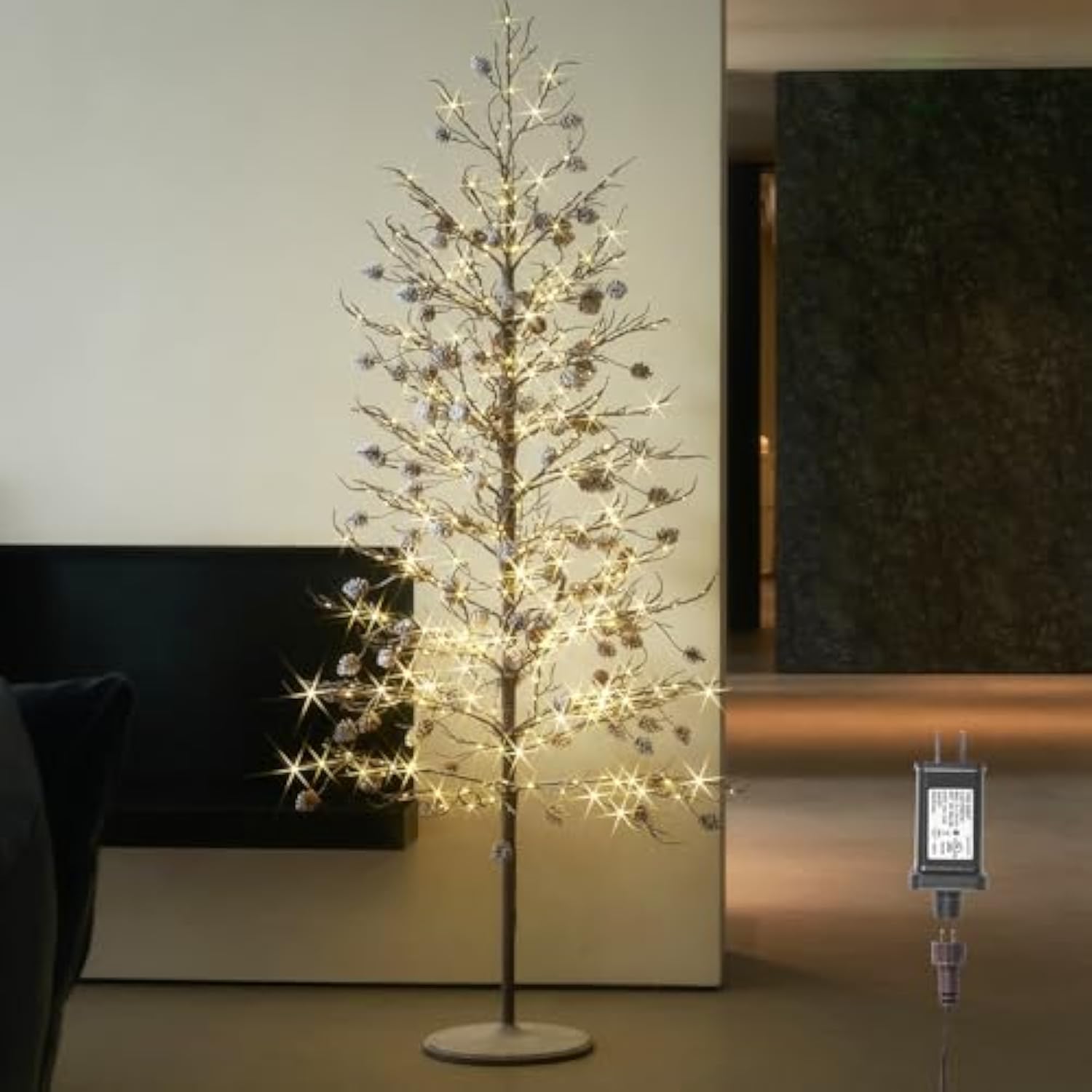 Lighted Flocked Tree With Pine Cone 6Ft With Timer And Dimmer, Twig Tree Lights With 448 Led Lights For Room Christmas Decoration Indoor Outdoor