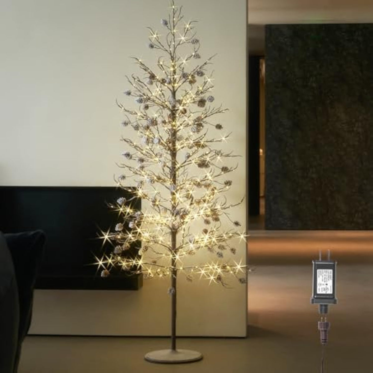 Lighted Flocked Tree With Pine Cone 6Ft With Timer And Dimmer, Twig Tree Lights With 448 Led Lights For Room Christmas Decoration Indoor Outdoor