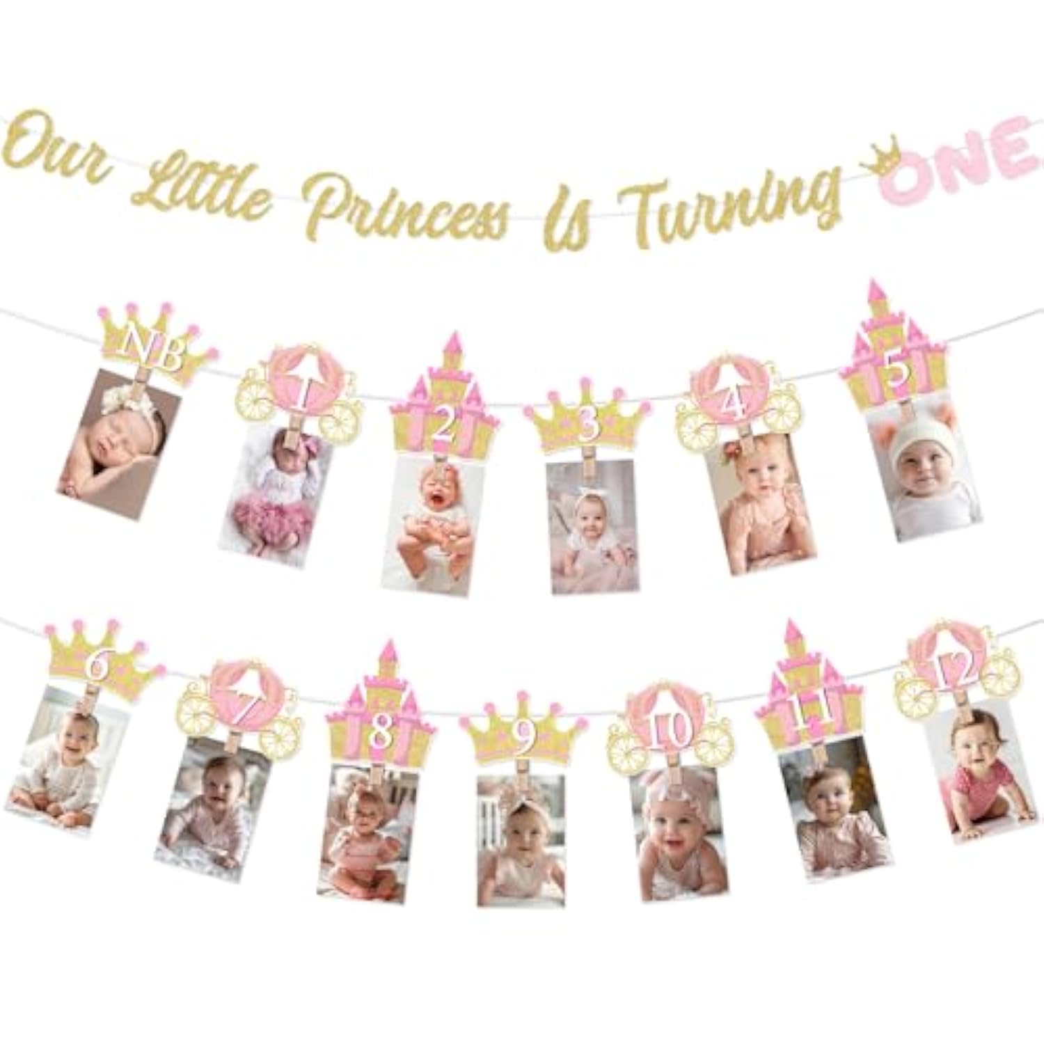 Princess First Birthday Decorations Girl, Princess Theme 1St Birthday Photo Banner Crown Our Little Princess Is Turning One Banner Glitter For 1 Year Old Girl 1St Birthday Party Decorations