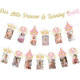 Princess First Birthday Decorations Girl, Princess Theme 1St Birthday Photo Banner Crown Our Little Princess Is Turning One Banner Glitter For 1 Year Old Girl 1St Birthday Party Decorations