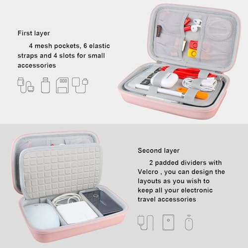 Hard Electronic Organizer Travel Case Electronics Accessories Cable Gadget Wire Storage Tech Bag Double Layer Shockproof Box For Charger Cord Flash Drive Mouse Apple Pencil Power Bank,Rose Gold