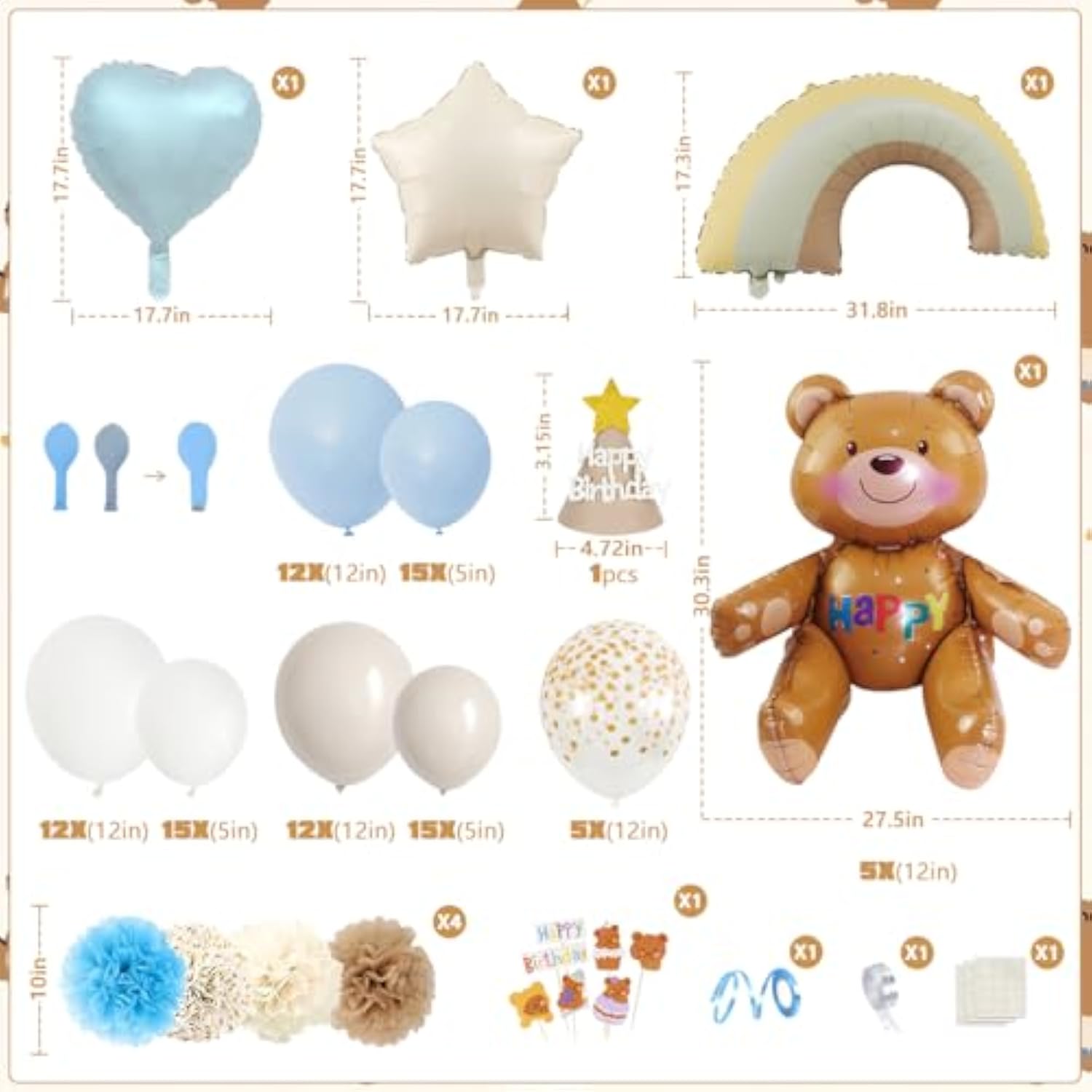 Dusty Blue Birthday Decorations, Teddy Bear Theme Sand White Grey Double Stuffed Blue Balloon Arch Garland Kit, Macaron Confetti Blue Balloons Birthday Party Decorations Supply Boho Decor For Boys