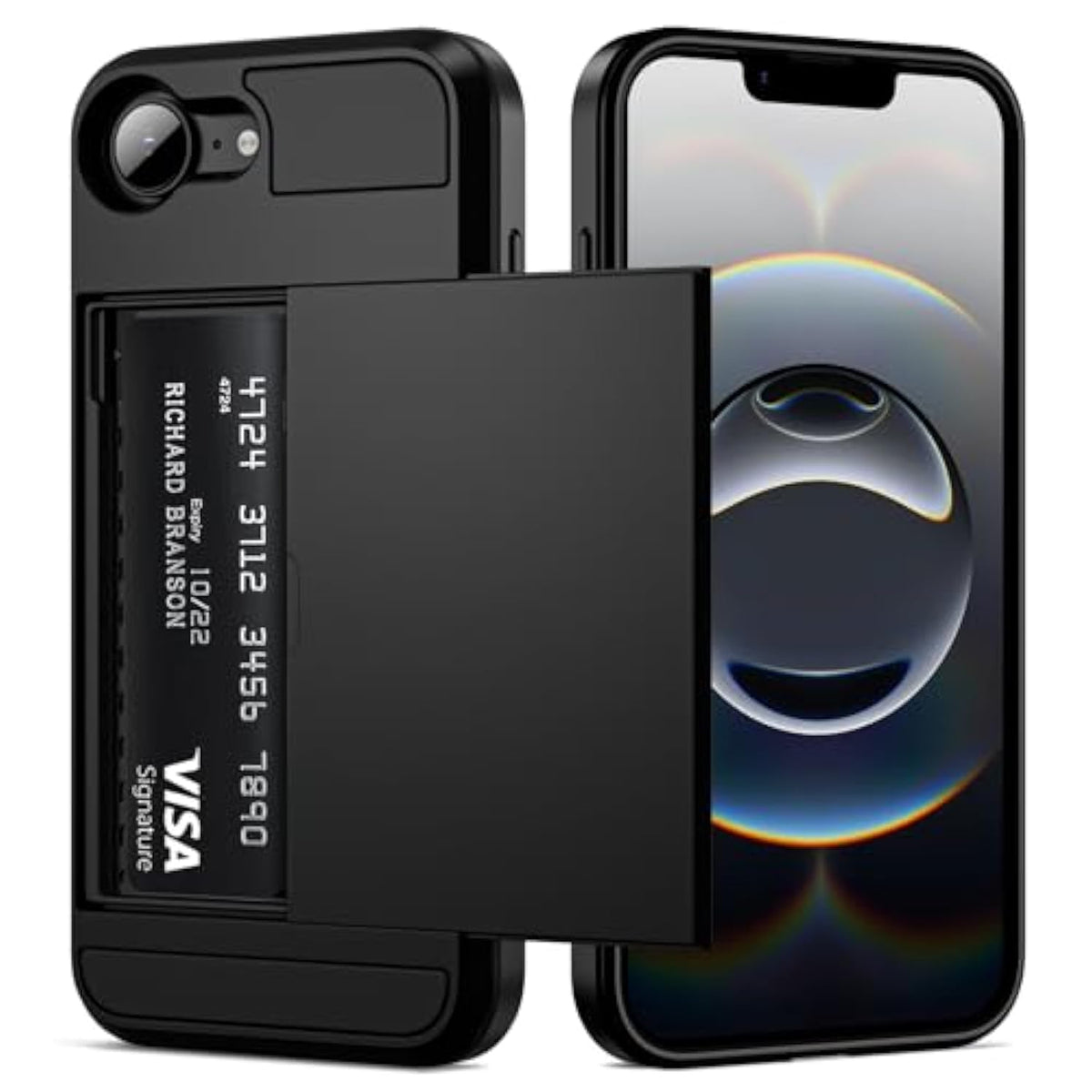 For Iphone 16E Case With Card Holder Dual Layer Heavy Duty Drop Protection Hidden Sliding Card Slot Slim Wallet Phone Case For Iphone 16E For Women Men, 6.1 Inch Black