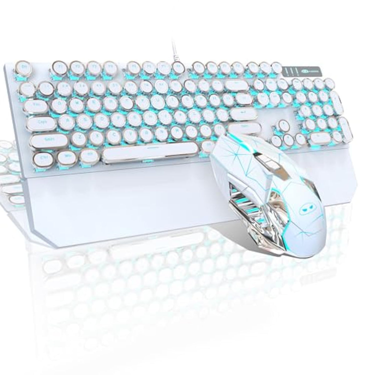 Typewriter Mechanical Gaming Keyboard And Mouse Combo, Retro Punk Round Keycaps Rgb Rainbow Backlit Wired Keyboard For Game And Office, For Windows Laptop Pc, Red Switches(White)