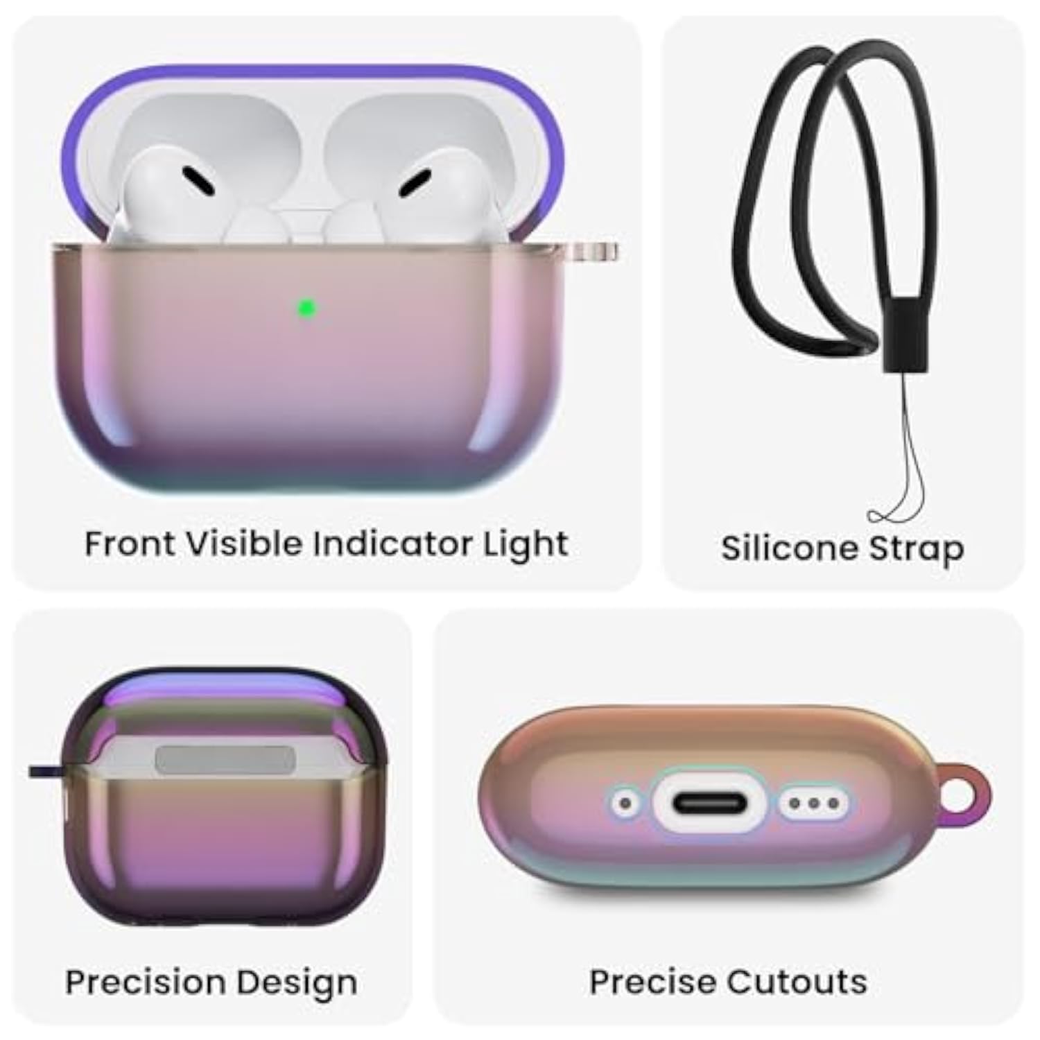 For Airpods Pro 2 Case 2023/2022–Stylish Gradient Clear Tpu, Led Visible, Shockproof Protective Case Cover For Airpods Pro 2Nd Generation With Lanyard-Iridescent Purple