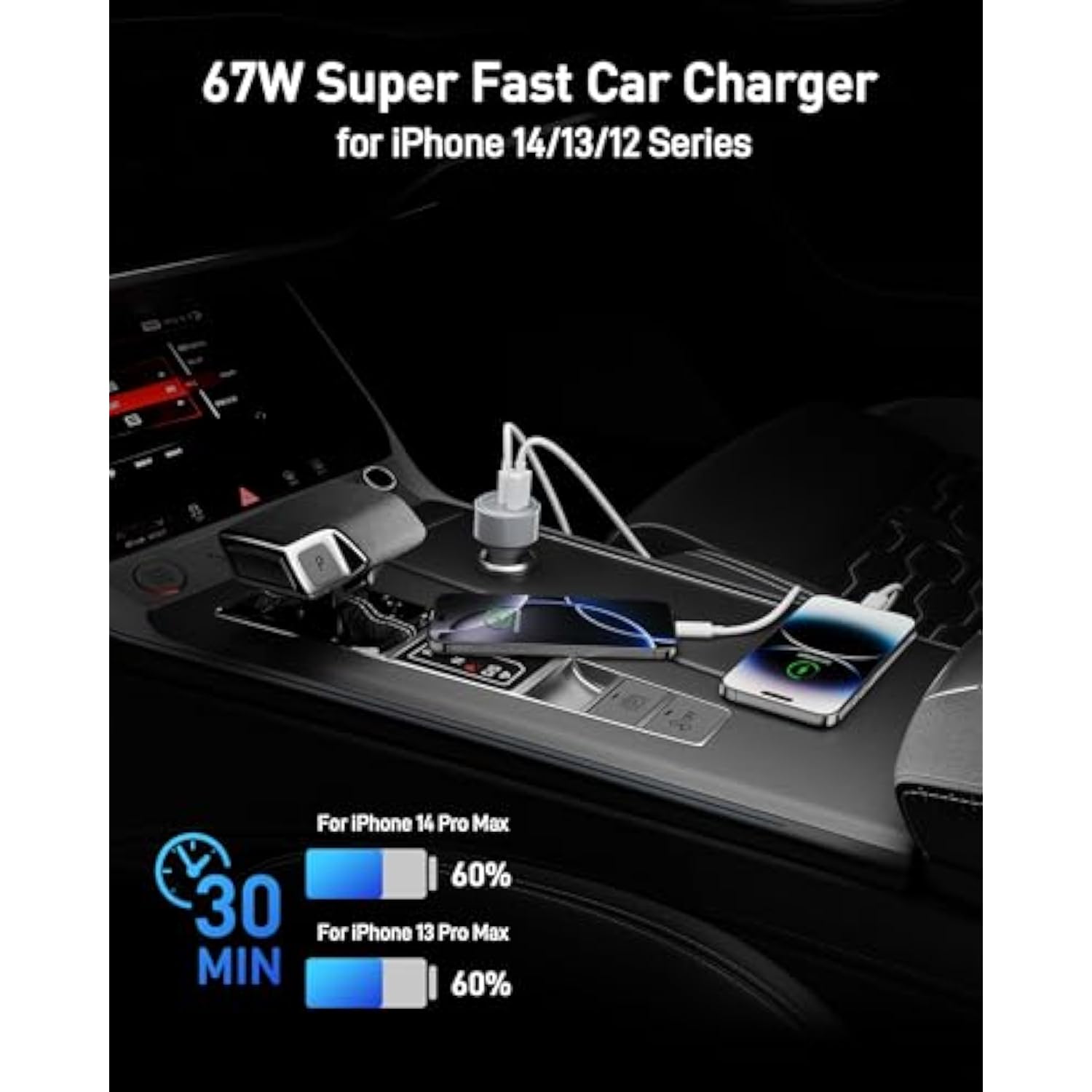 [Mfi Certified] Iphone Fast Car Charger, 3-Port 67W Usb C Car Charger Super Fast Charging Cigarette Lighter Adapter With 3Ft Usb-C To Lightning Cable For Iphone 14/13/12/11/Pro Max/Xs/Xr/X/Se, Ipad