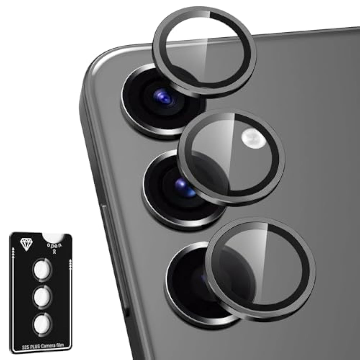 For Samsung Galaxy S25 Plus Camera Lens Protector, Individual Metal Ring Tempered Glass Lens Cover, [Strong Adsorption] Scratch Resistant Ultra-Thin Hd Clear Lens Cover, 1 Set-Black
