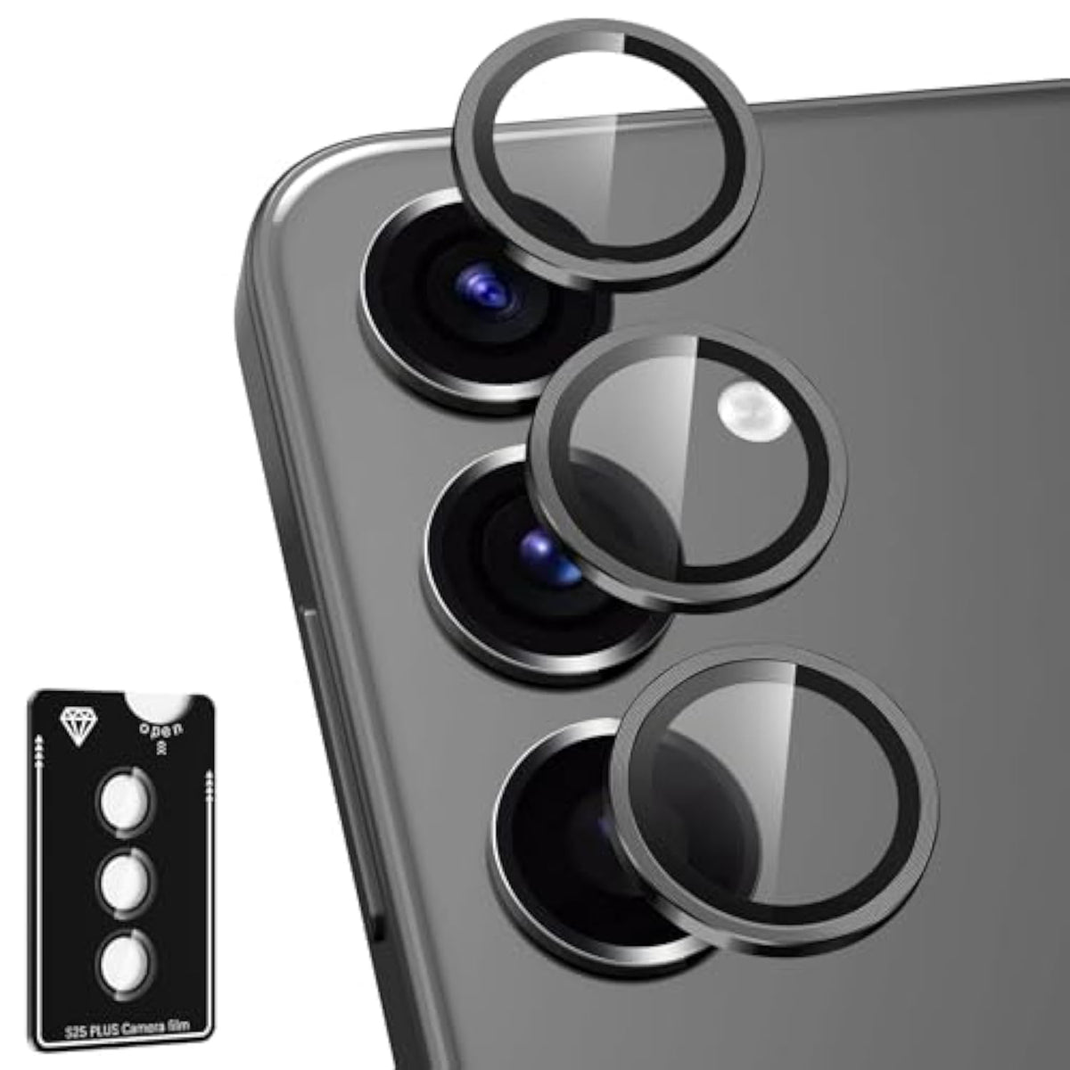 For Samsung Galaxy S25 Plus Camera Lens Protector, Individual Metal Ring Tempered Glass Lens Cover, [Strong Adsorption] Scratch Resistant Ultra-Thin Hd Clear Lens Cover, 1 Set-Black
