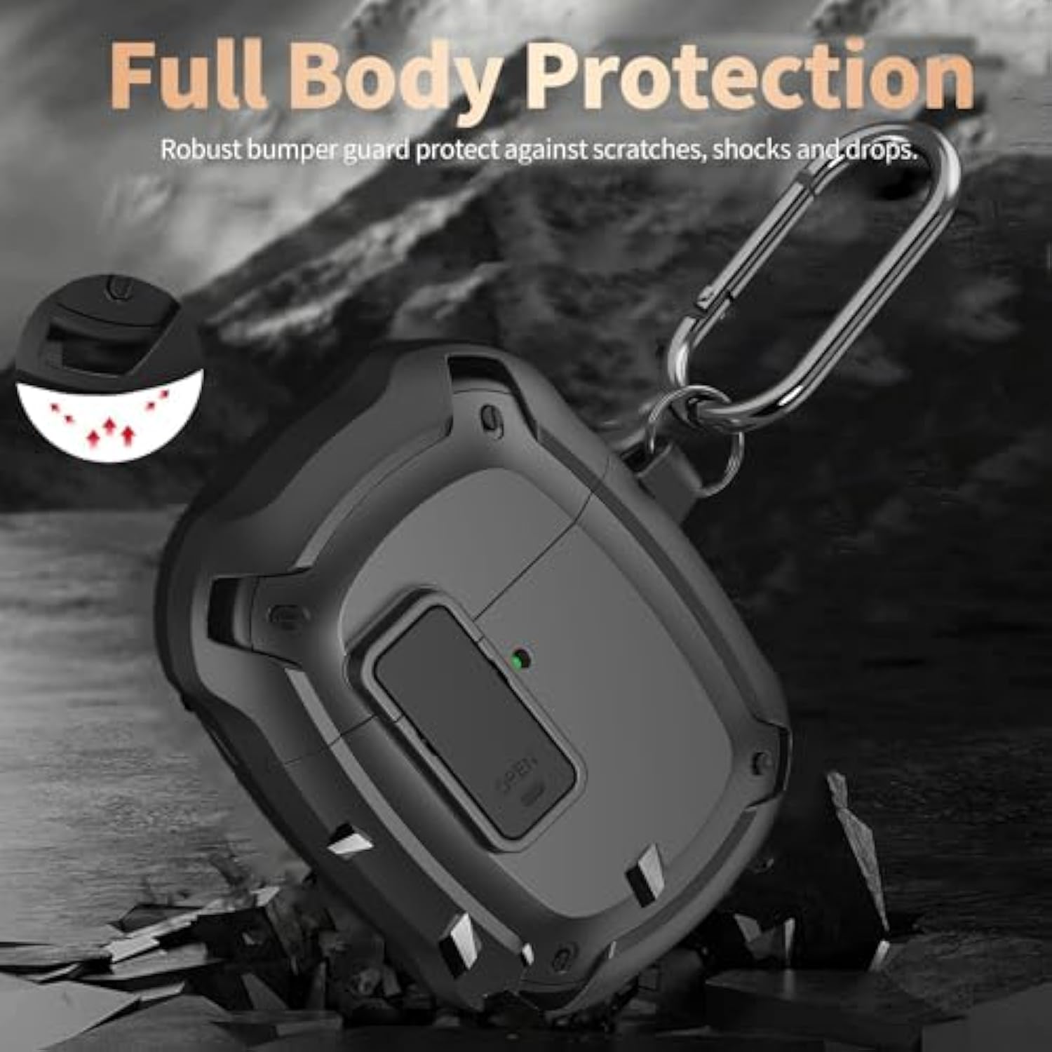 For Google Pixel Buds Pro 2/Pro Case Cover With Lock Clip & Cleaner Pen 2024/2022, Shockproof Protective Hard Shell Skin With Carabiner Men Women - Black