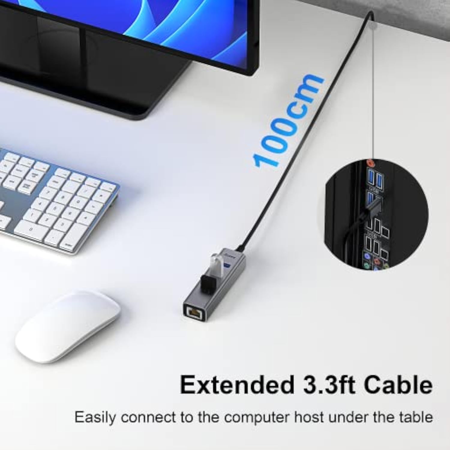 Usb And Usb C To Ethernet Adapter, 3.3Ft Long Cord,Aluminum 3 Ports Usb 3.0 Hu
