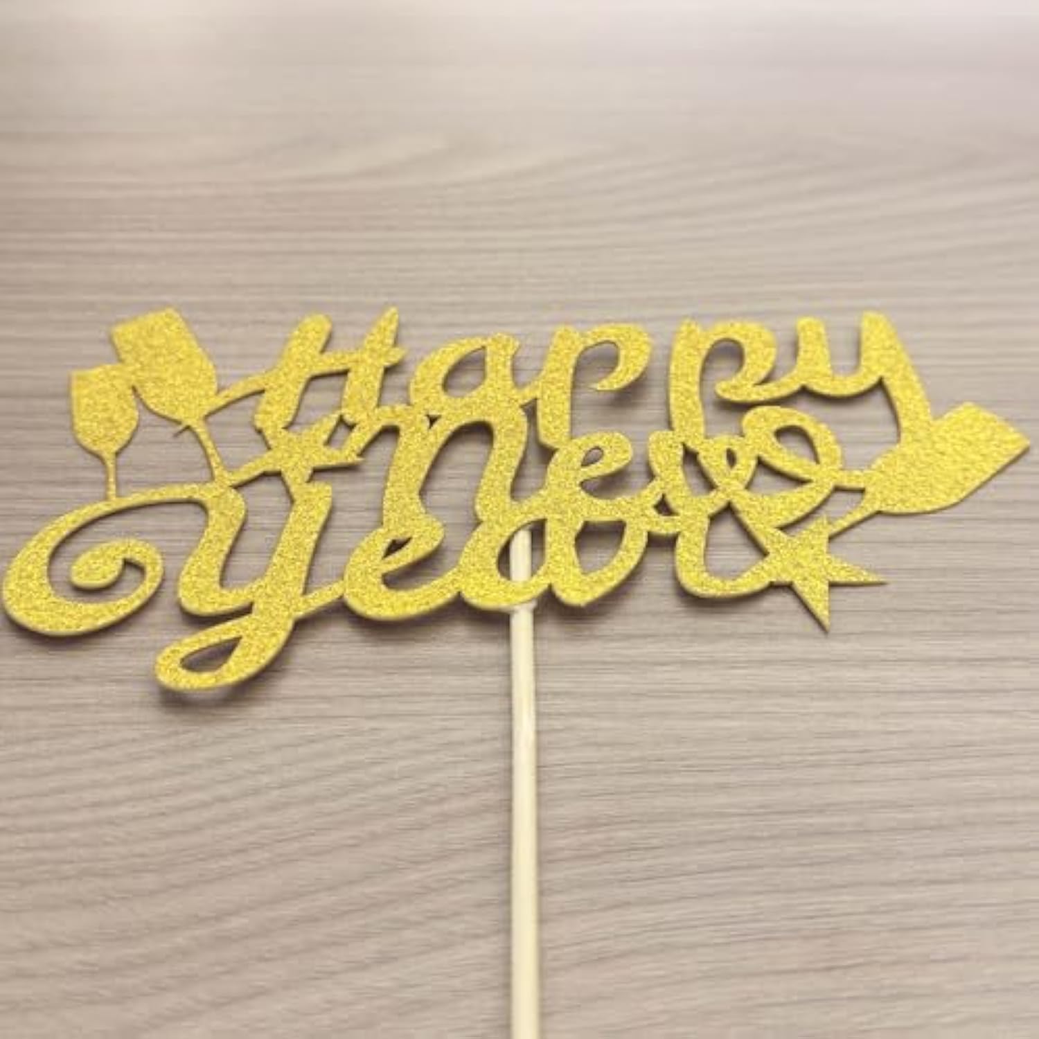 Happy New Year Cake Topper, Gold Glitter Cardstock With Wine Glass And Stars Design