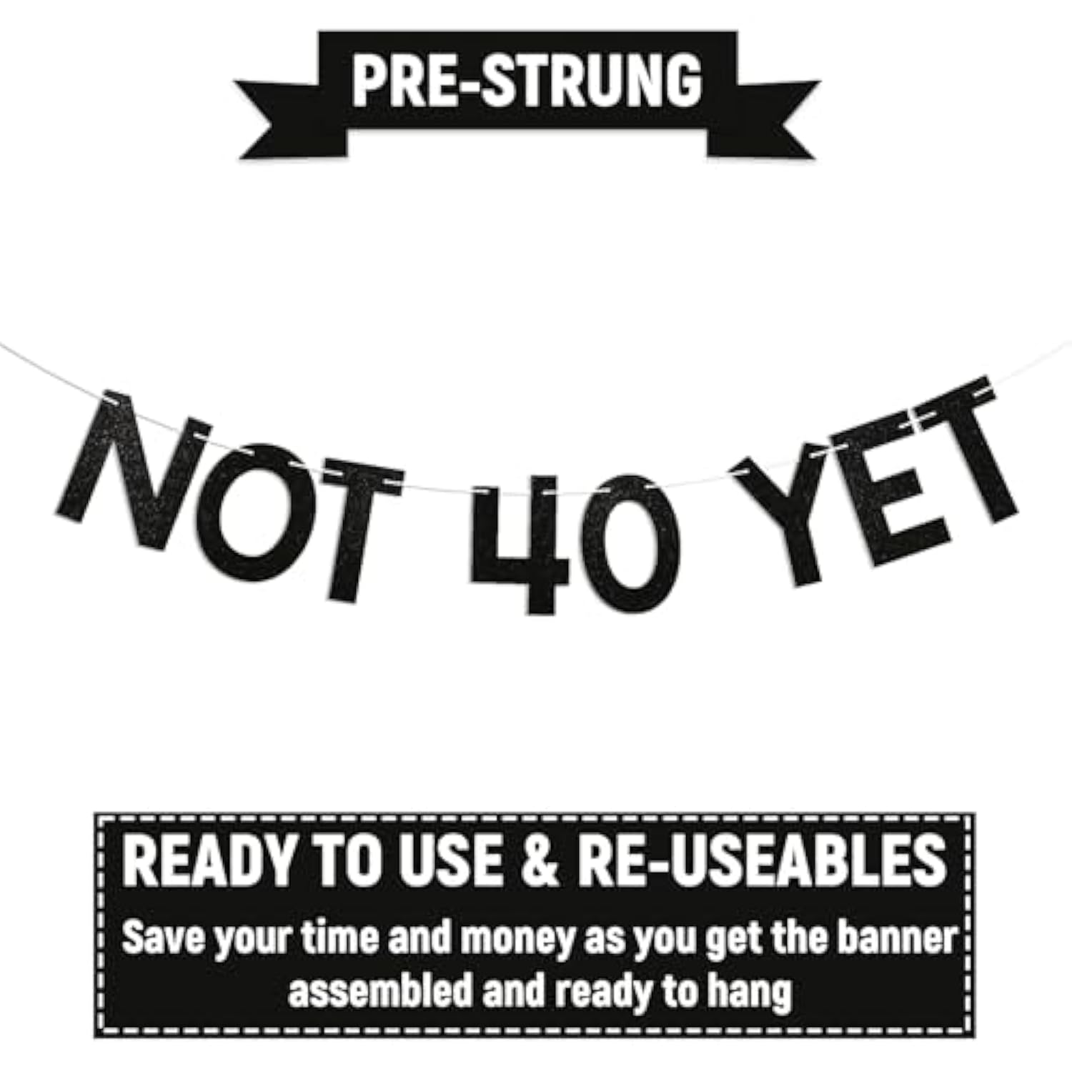 Not 40 Yet Banner – Funny Black Glitter 39th Birthday Party Decoration Sign