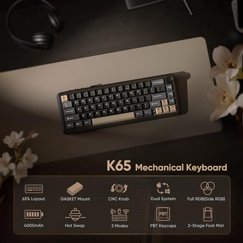 K65 Wireless Mechanical Keyboard, Cnc Knob, Tri-Mode Bt5.0/2.4Ghz/Usb-C Hot Swappable Custom, Pre-Lubed Linear Coconut Switches, Gasket Structure, Rgb Gaming Keyboard, Black-Gold