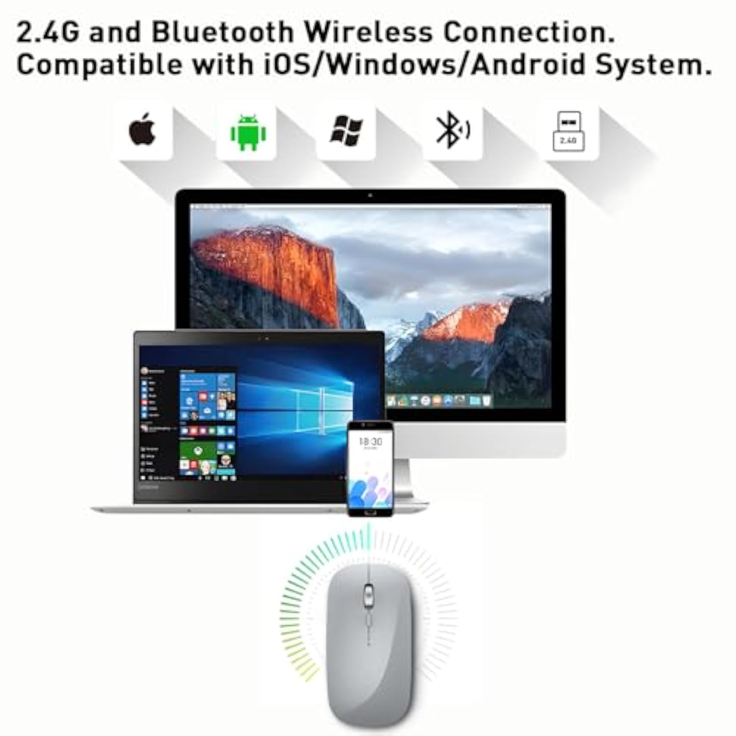 Wireless Mouse, Slim Rechargeable Silent Mouse,Bluetooth And 2.4G Wireless Computer Mice With 800-1200-1600 Adjustable Dpi For Desktop/Laptop/Tablet-Silver