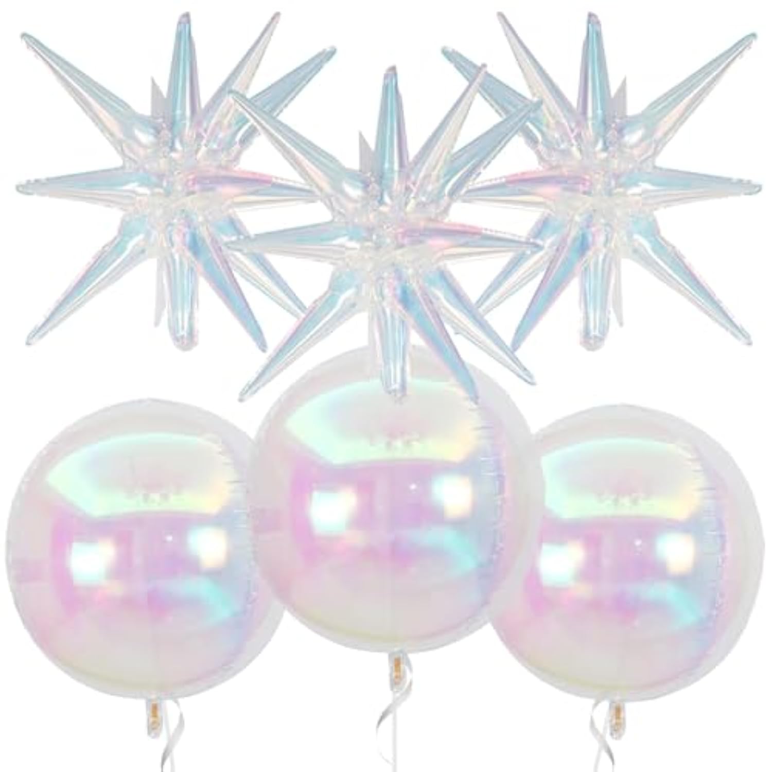 6Pcs Iridescent Foil Balloons,22Inch Clear 4D Round Ball Balloon And Explosion Star Balloon For Birthday Wedding Baby Shower Prom Party Anniversary Decorations