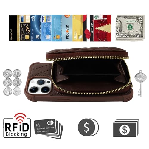 Zipper Wallet Case Compatible for iPhone 15 Pro,[Glass Screen Protector ][RFID Blocking] Flip Leather Handbag Phone Cover with Card Holder and