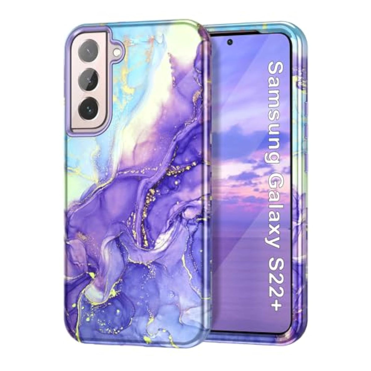For Samsung Galaxy S22 Plus 5G Case, Marble Pattern 3 In 1 Heavy Duty Shockproof Full Body Rugged Hard Pc+Soft Silicone Drop Protective Women Girl Covers For S22 Plus, Cobalt Violet