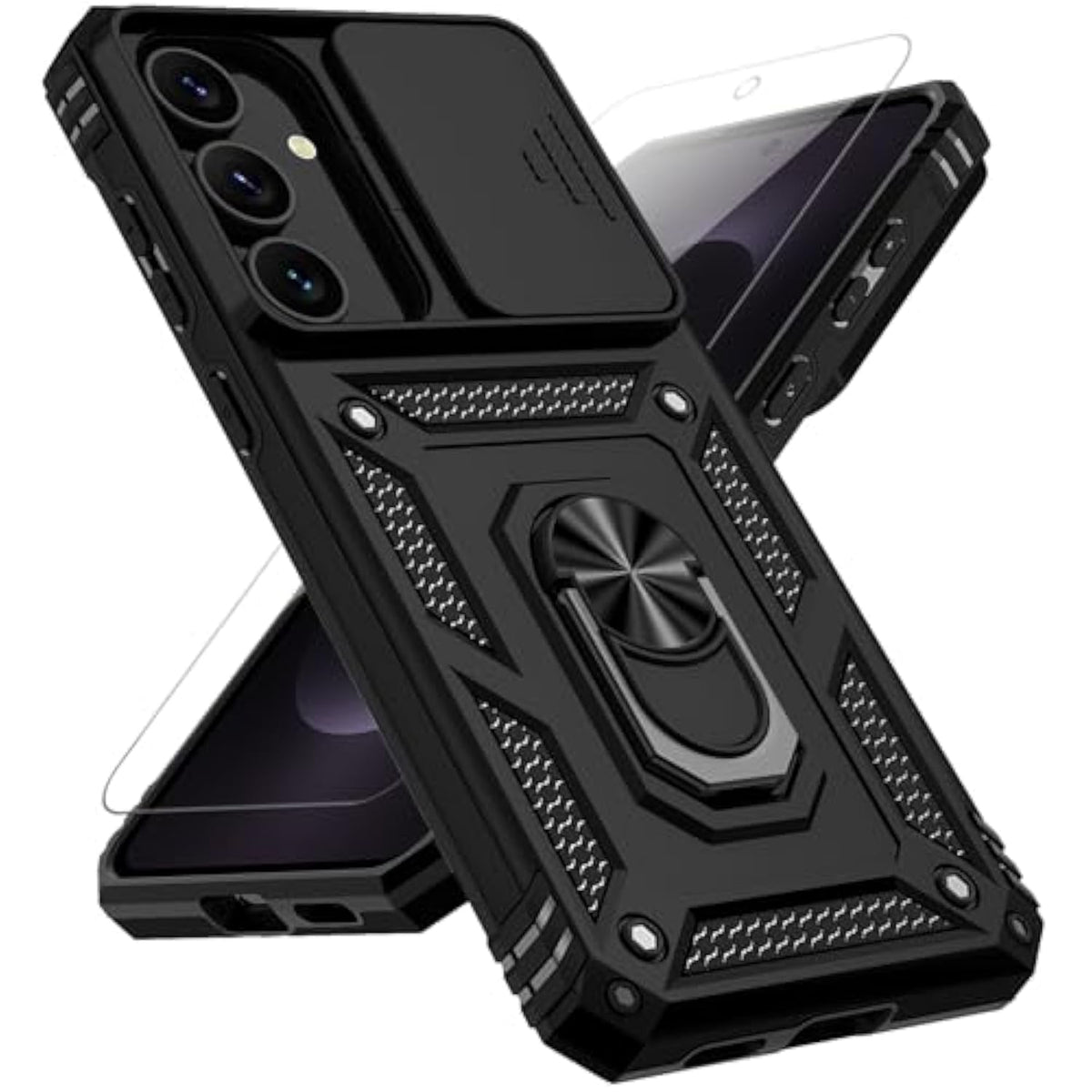 For Samsung Galaxy S25 Fe Case, With Slide Camera Cover Hd Screen Protector [Military Grade 16Ft. Drop Tested] Magnetic Ring Holder Kickstand Protective Phone Case For Galaxy S25 Fe 5G 2025, Black