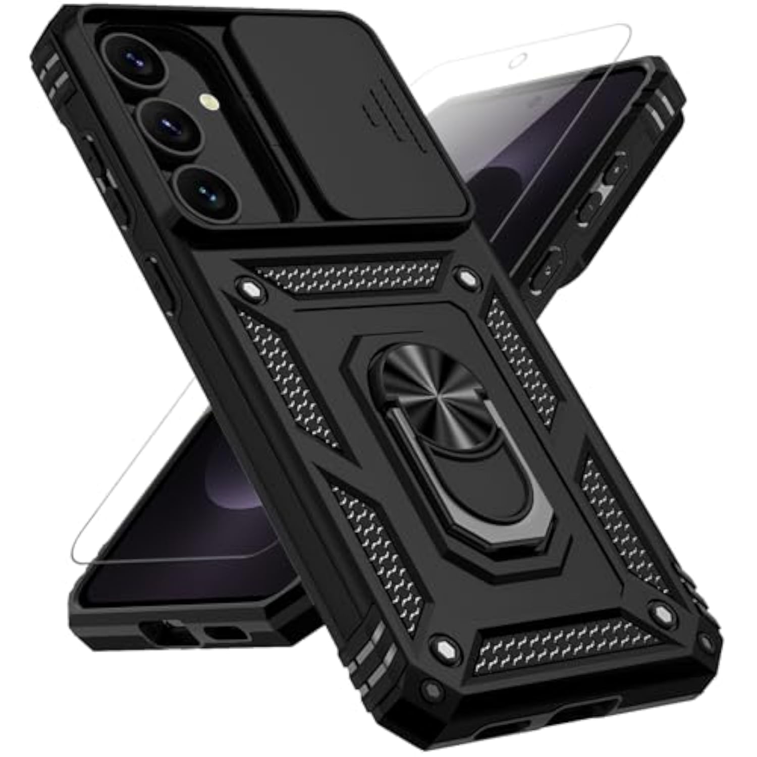 Samsung Galaxy S25 FE Case with Military Grade Drop Tested Slide Camera Cover HD Screen Protector Magnetic Ring Holder Kickstand Protective Phone Case