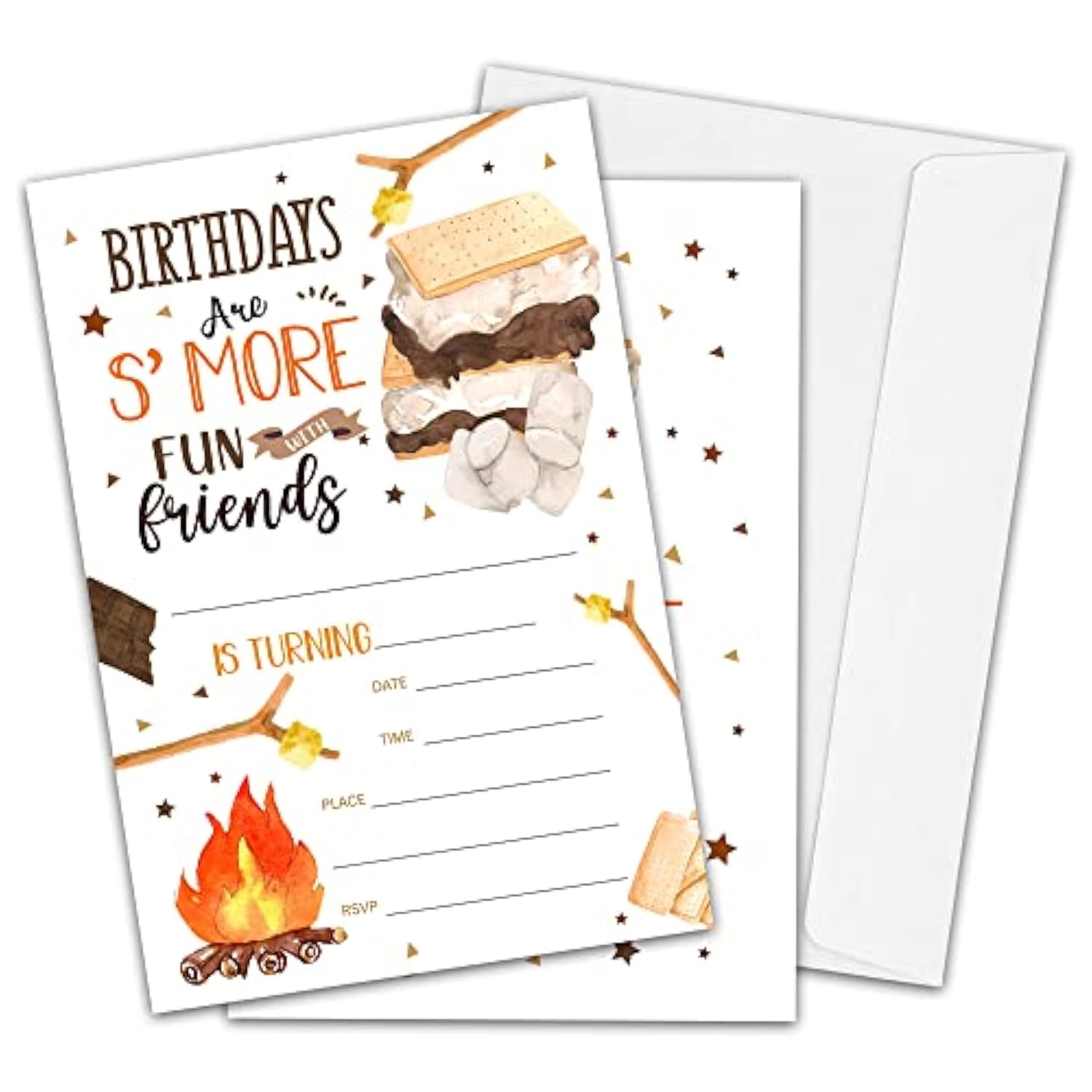 S'Mores Birthday Party Invitations For Boys Or Girls, S'More Bonfire Birthday Parties Supplies Decorations, Backyard Camping Theme Fill-In Invites, 4" X 6" Double-Sided Cards(20 Invitations And