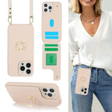 iPhone 12/13 Pro Max Wallet Case with Card Holder Strap Ring Stand Beige