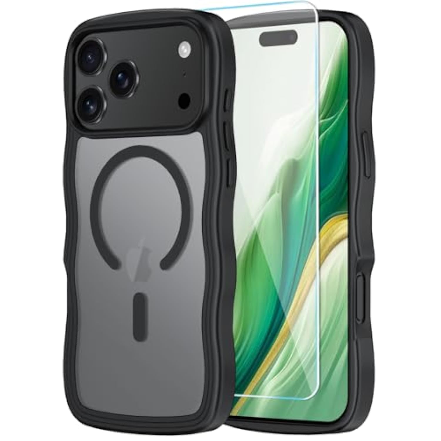 Compatible With Iphone 17 Pro Max Case With Hd Screen Protector, [Compatible With Magsafe] Cute Wave Translucent Matte Phone Case For Iphone 17 Pro Max, Black