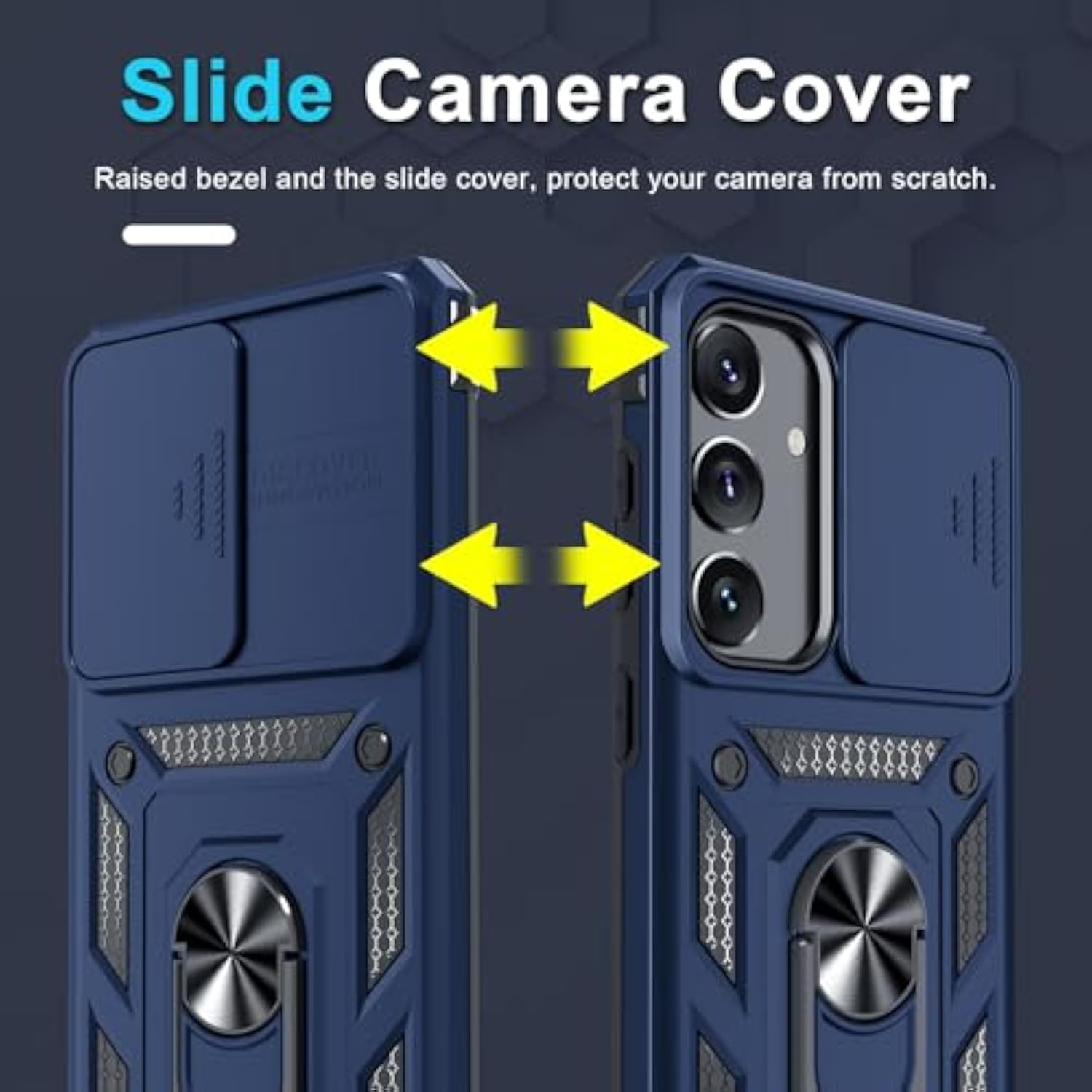 Compatible With Samsung Galaxy S25/S24 Case Built In Slide Camera Lens Cover+Screen Protector+Finger Ring Holder Kickstand,Heavy Duty Shockproof Full Body Protective Phone Cover,Blue