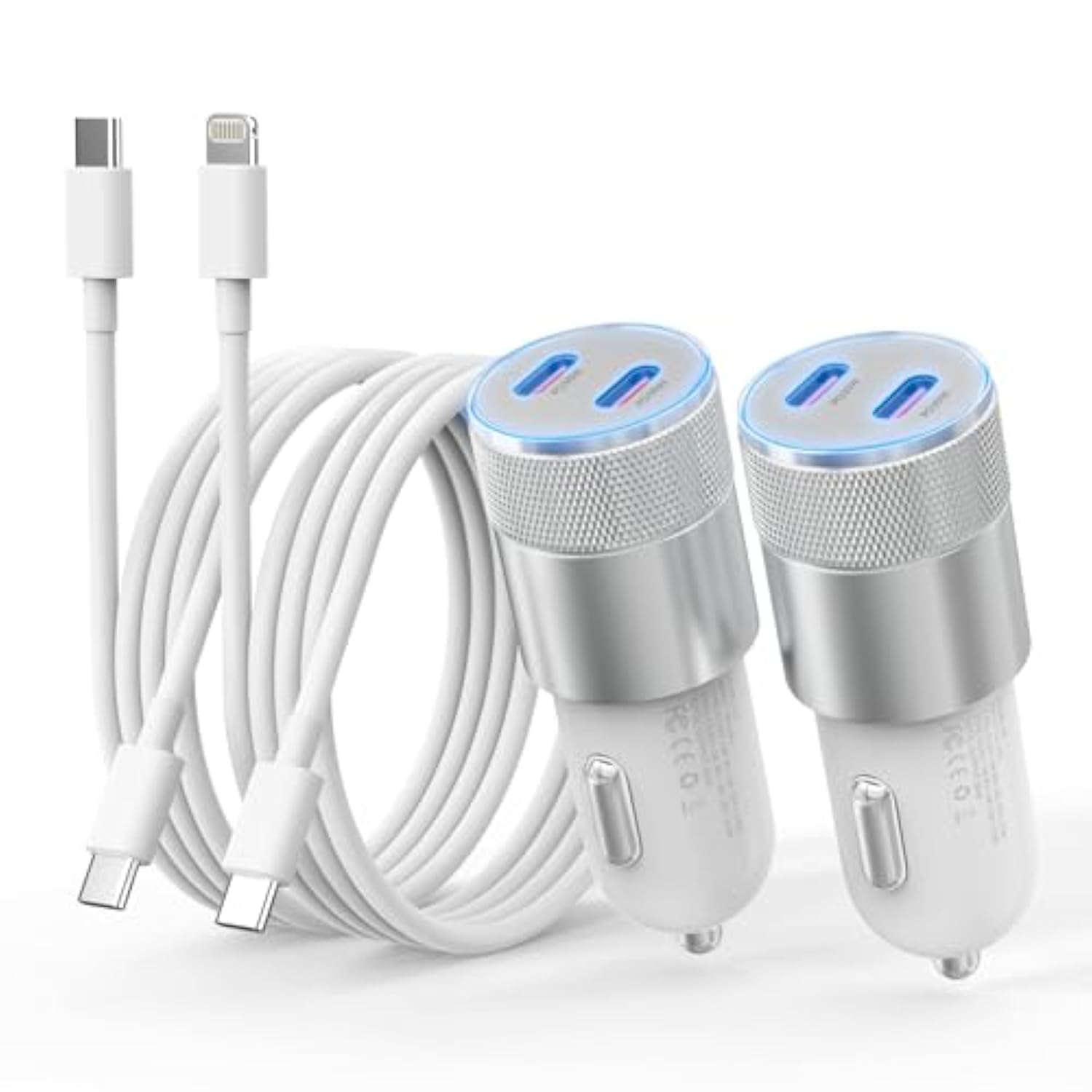 Iphone Car Charger Fast Charging, [Apple Mfi Certified] 60W Dual Usb-C Power Cigarette Lighter Car Charger+Type-C Cable&Lightning Cable For Iphone 16 15 14 13 12 Pro Plus Xs Xr Ipad, Samsung, Carplay