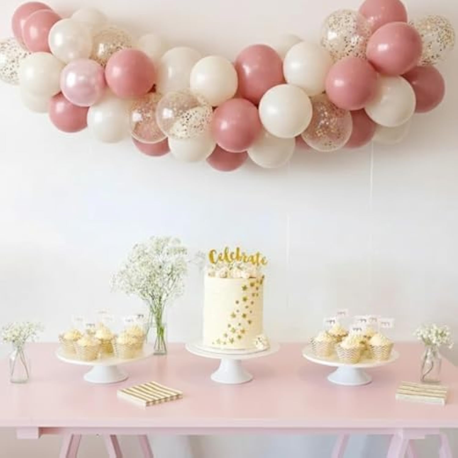 Pink And Gold Balloons, 50Pcs 12 Inch Retro Blush Pink Cream White Double Stuffed-Pink Metallic Gold Confetti Boho Ballon For Birthday Bridal Shower Wedding Party Decorations