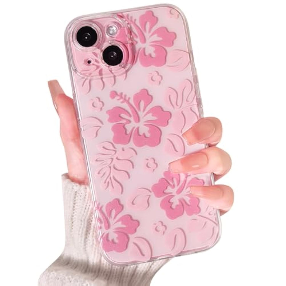 Compatible For Iphone 15 Case Cute Clear Hibiscus Flower Floral Aesthetic Printed Design For Girls Women Soft Tpu Shockproof Protective Girly For Iphone 15-Pink