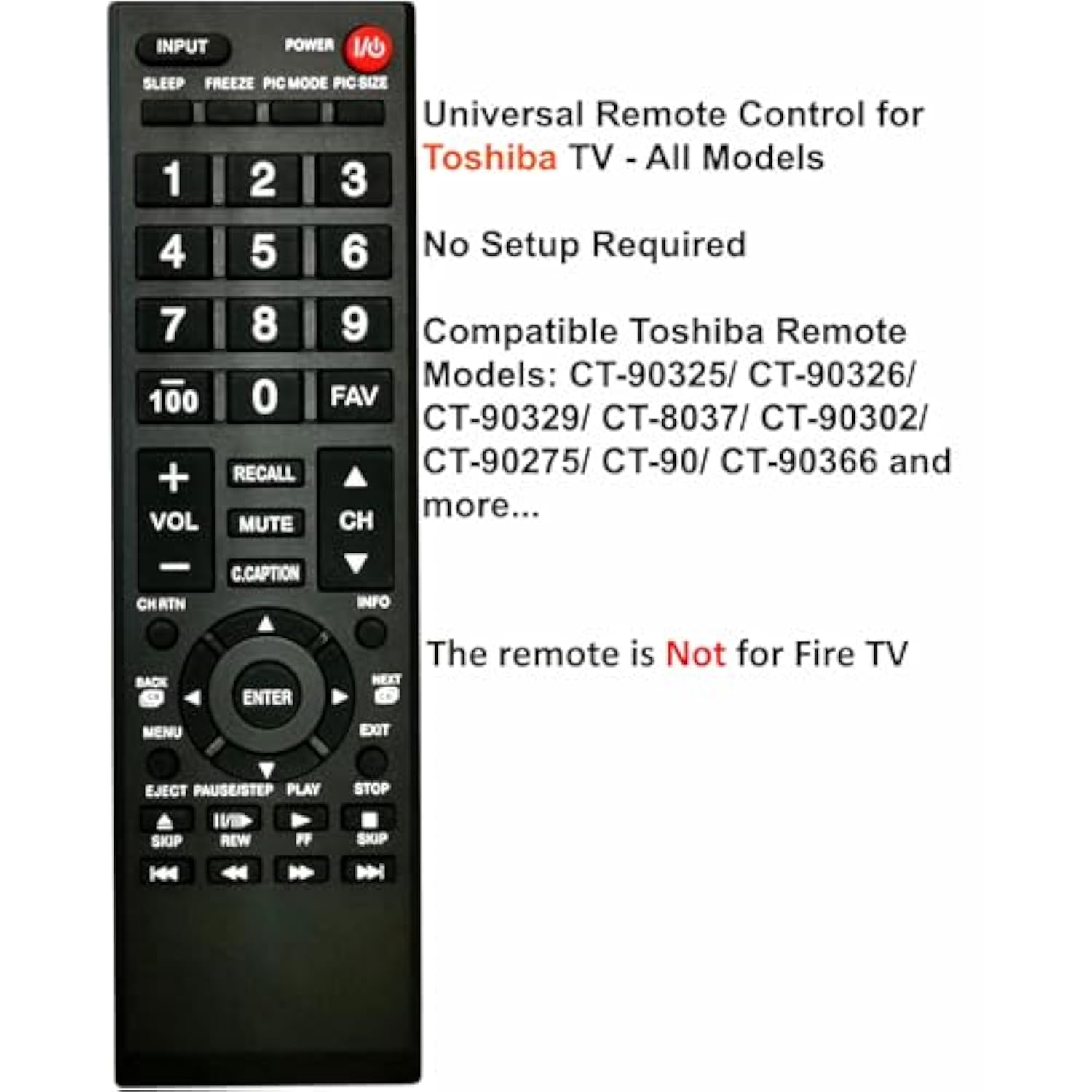Universal Remote Control for Toshiba LCD LED HDTV 3D 4K Smart TVs