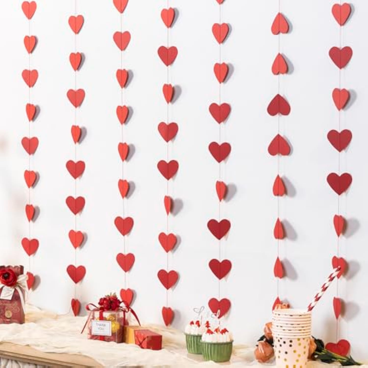 Red Heart Paper Garland Streamers, 6 Pack (42 Ft Total), 2" Hearts - Ideal For Weddings, Valentine’S Day, And Parties