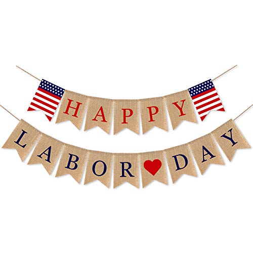 Burlap Happy Labor Day Banner Mantel Fireplace Supplies Bunting Garland Decoration