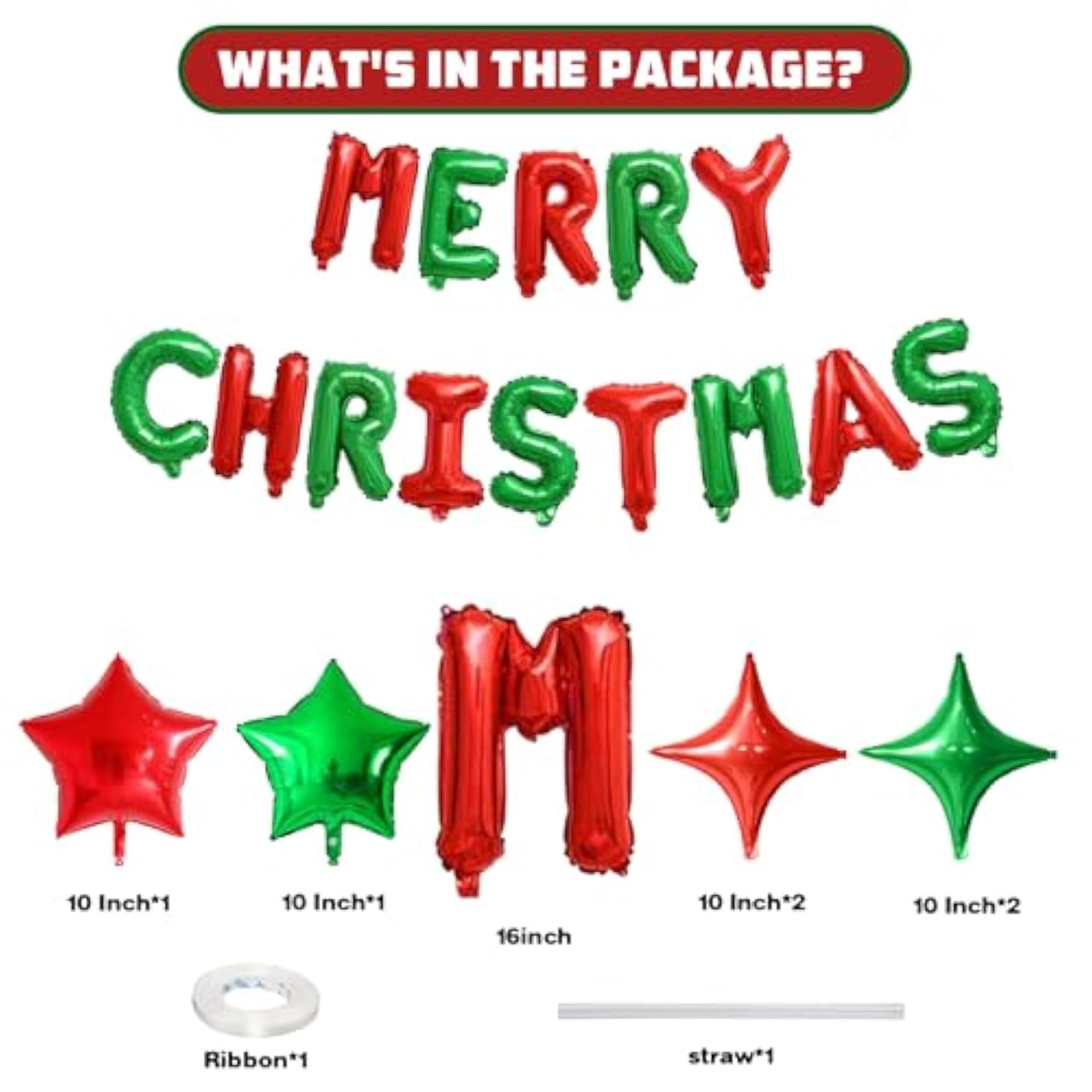 Merry Christmas Balloons Banner, Red Green Merry Christmas Foil Balloon, 16 Inch Xmas Letter Balloons With 10 Inch Green Red Star Balloon For Xmas Themed New Year Party Decor