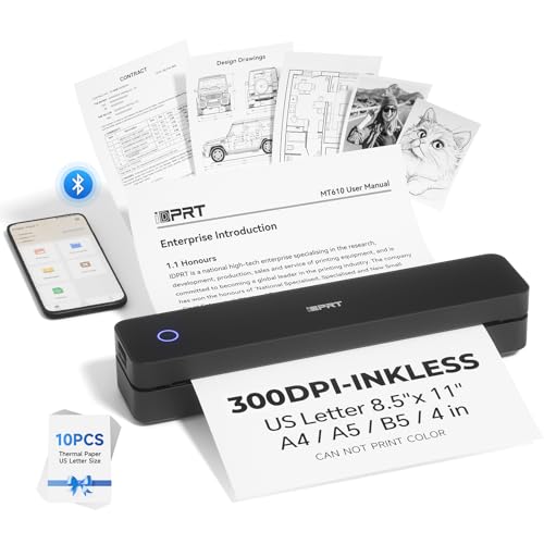 Portable Printer Wireless For Travel - Bluetooth Mobile Printer Support For 8.5"X11" Us Letter, Inkless Compatible With Ios, Android, Laptop For Office, Car And Home (300Dpi, Black)