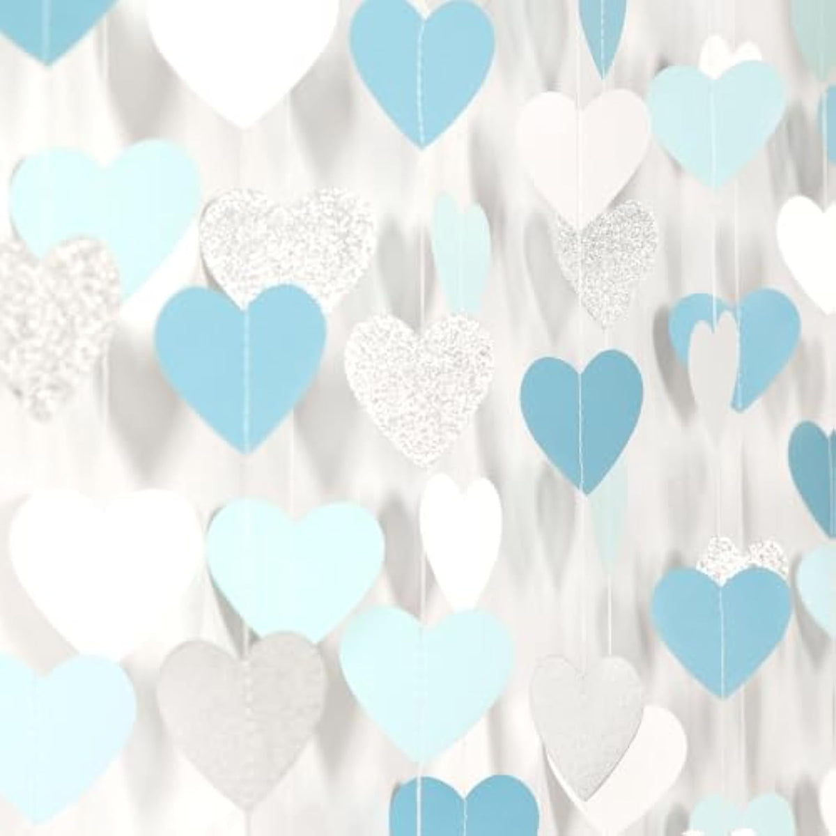 52ft Light Blue & Silver Heart Garland — Baby Boy Shower & Party Decor