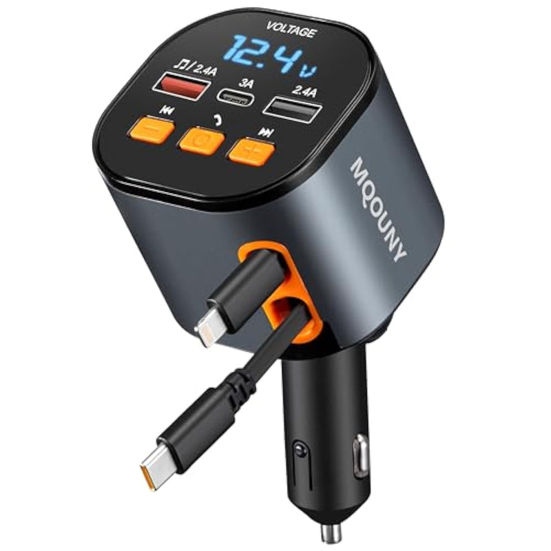 Retractable Car Charger,5 In 1 Fast Car Phone Charger 90W,Bluetooth 5.3 Fm Transmitter Adapter,Handsfree Call,2 Retractable Cables And Usb Cars Chargers For Iphone 15/14/13 (Black)
