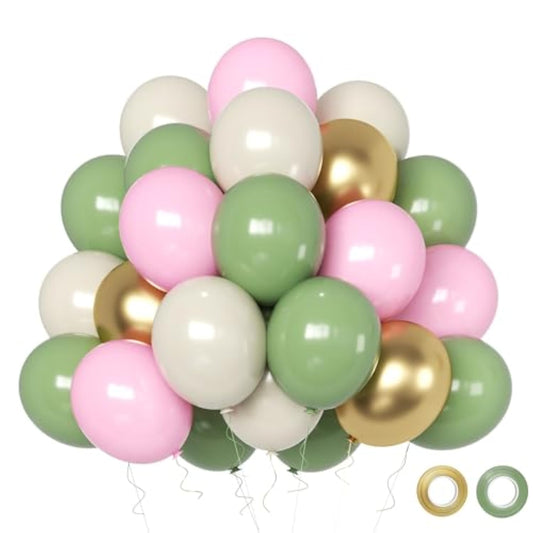 Pink And Green Balloons Retro Sage Green Pink Metallic Gold Confetti Balloons Latex Balloon For Birthday Girl Baby Shower Bridal Woodland Jungle Safari Party Decoration