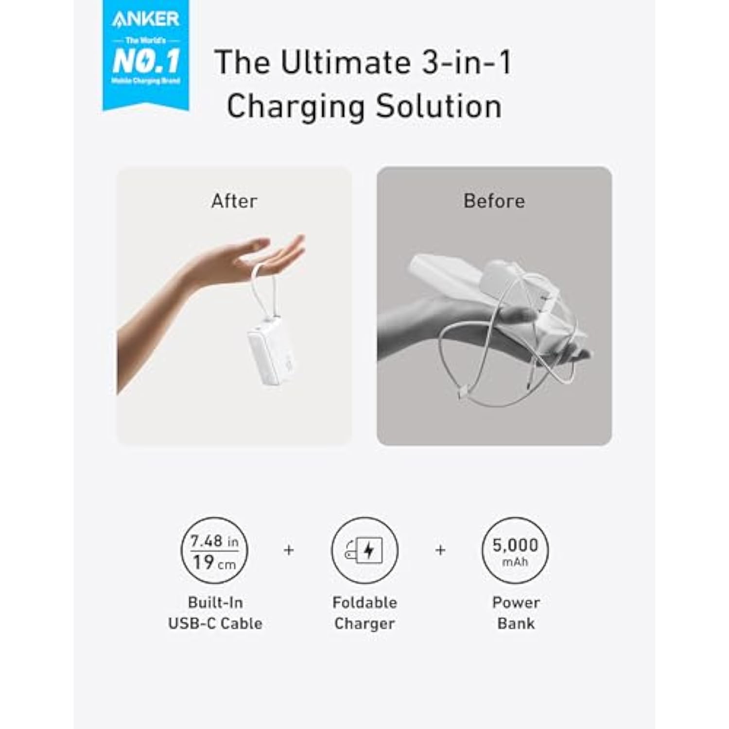 ANKER Power Bank USB C Charger Block, 3-in-1 5,000mAh Portable Charger with Built-in USB-C Cable and Foldable AC Plug, 30W Max Compact Battery Pack, for iPhone 15 Series, Galaxy, MacBook, and More