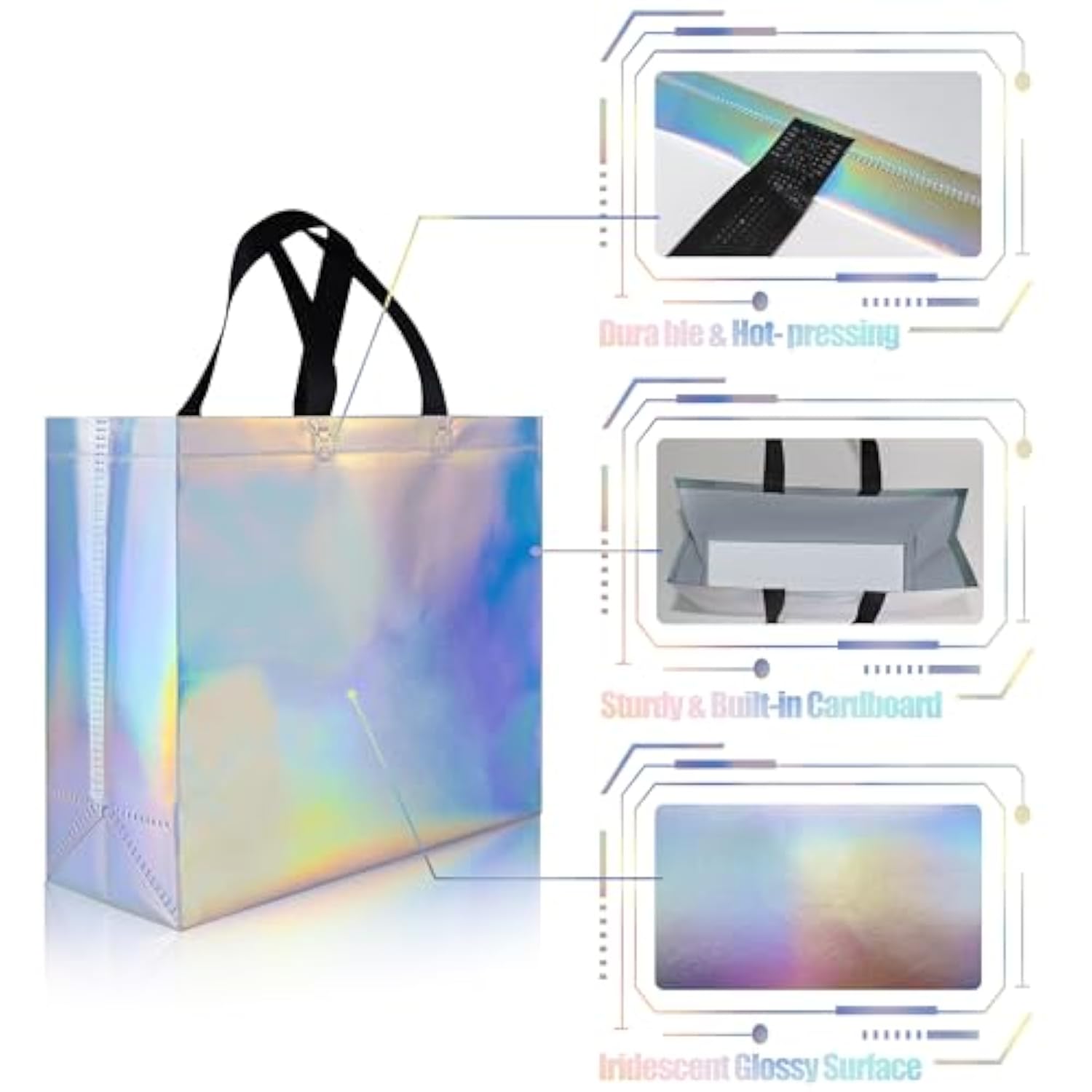 Glossy Iridescent Gift Bags 15 Pcs, 12.6X4.7X11 In Non-Woven Reusable Goodie Bags Bulk, With Black Handles & Sturdy Base, Christmas Gift Bags For Birthday, Wedding, Easter, Holiday Party
