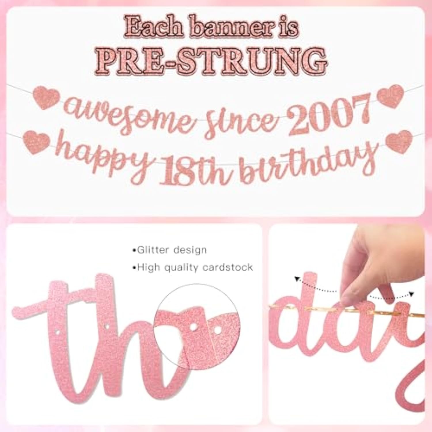 Pre-Strung 18Th Birthday Banner Decorations For Girls, Glitter Happy 18Th Birthday Decor, Rose Gold Eighteen Years Bday Hanging Swirls Party Supplies
