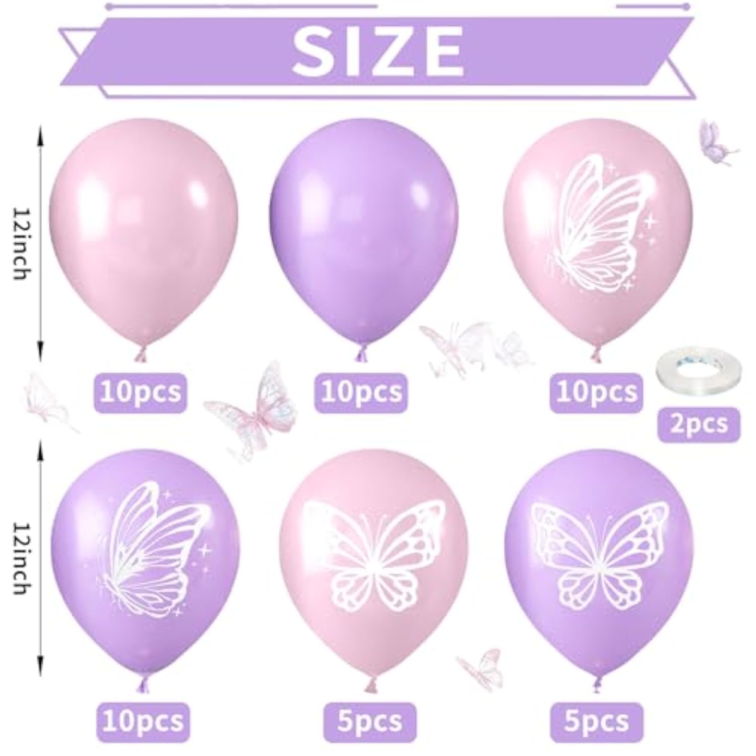 Maca Pink Purple Butterfly Printed Balloons - 52 Pcs 12 Inch, Perfect For Baby Shower, Girls' Birthday Parties, Or Wedding Decorations