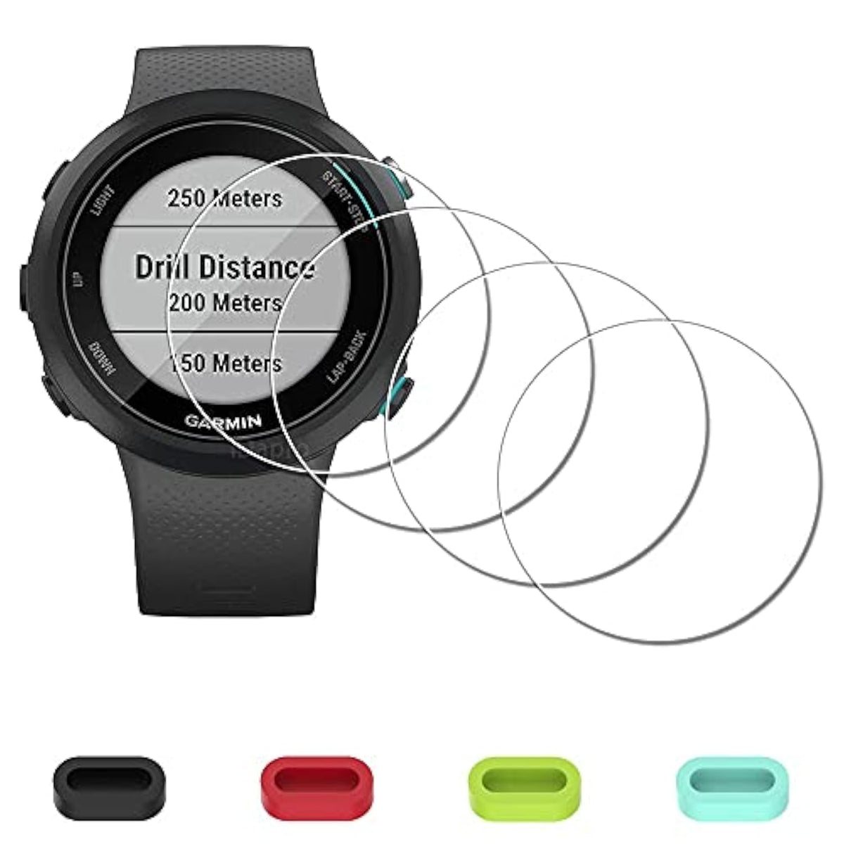 [4 Pack] Screen Protector For Garmin Swim 2 Swimming Smartwatch + Silicone Anti-Dust Plugs Tempered Glass Anti-Scratch Bubble-Free