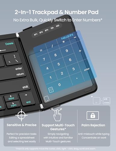 Foldable Travel Keyboard With Touchpad & Number Pad, Bluetooth Wireless Portable Folding Full Size Keyboard With Trackpad For Pc Laptop Ipad Tablets Smartphone, Silicone Leather Cover, Black